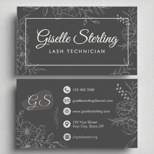 Lash Technician Moody Charcoal Grey Floral Modern Business Card