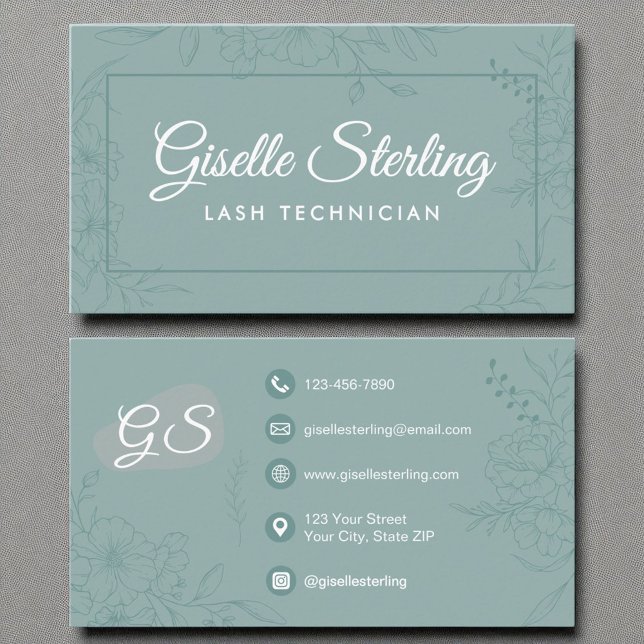 Lash Technician Teal Floral Line Art Modern Script Business Card (Creator Uploaded)