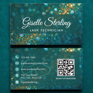 Lash Technician Teal Gold Glitter QR Code Luxury Business Card
