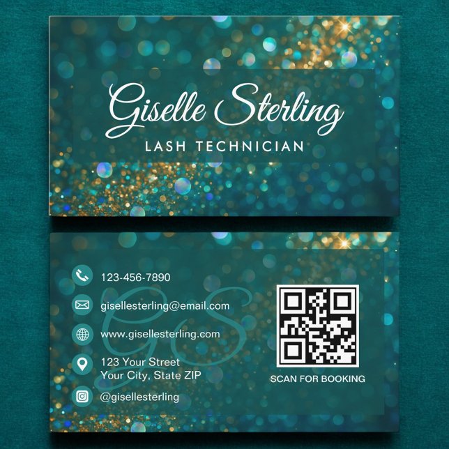 Lash Technician Teal Gold Glitter QR Code Luxury Business Card (Creator Uploaded)