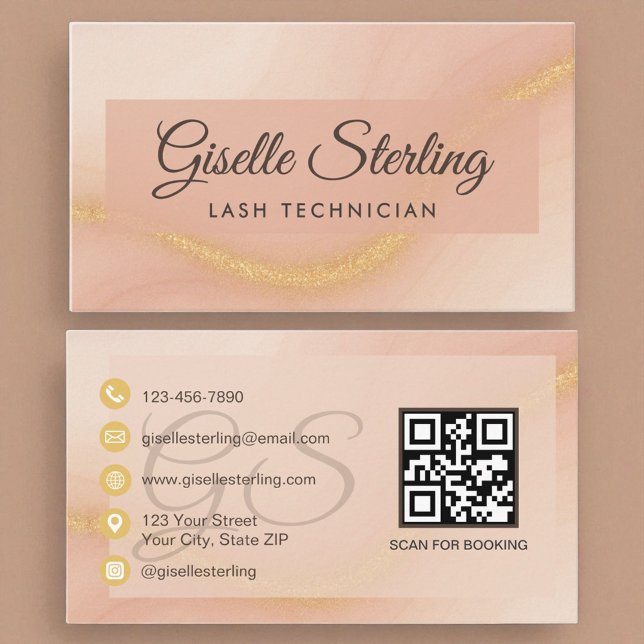 Lash Technician Watercolor Gold Monogram QR Code Business Card (Creator Uploaded)