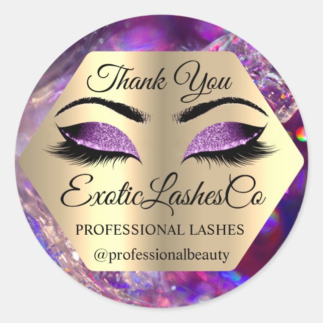 Lash Thank YOU  Makeup Artist Gold  Eyes PUrple Classic Round Sticker (Front)