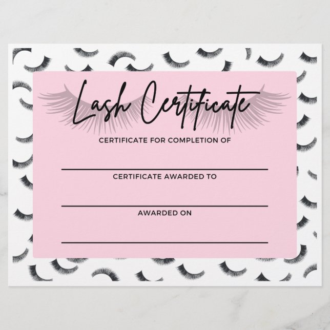 Lash Training Certificate of Completion Custom Letterhead (Front)