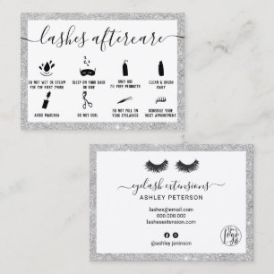 Lashes aftercare illustrations silver glitter business card