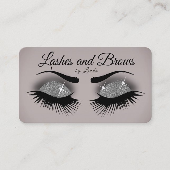 Lashes and Brows - Smokey Grey Silver Glitter Business Card (Front)