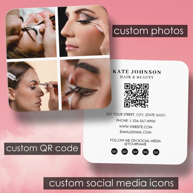 Lashes Beauty Salon Makeup Artist 4 Photos QR Code Square Business Card (Lashes Beauty Salon Makeup Artist 4 Photos QR Code Square Business Card)