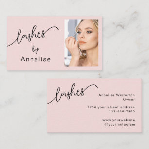 Lashes Blush Pink Black Script Photo Business Card