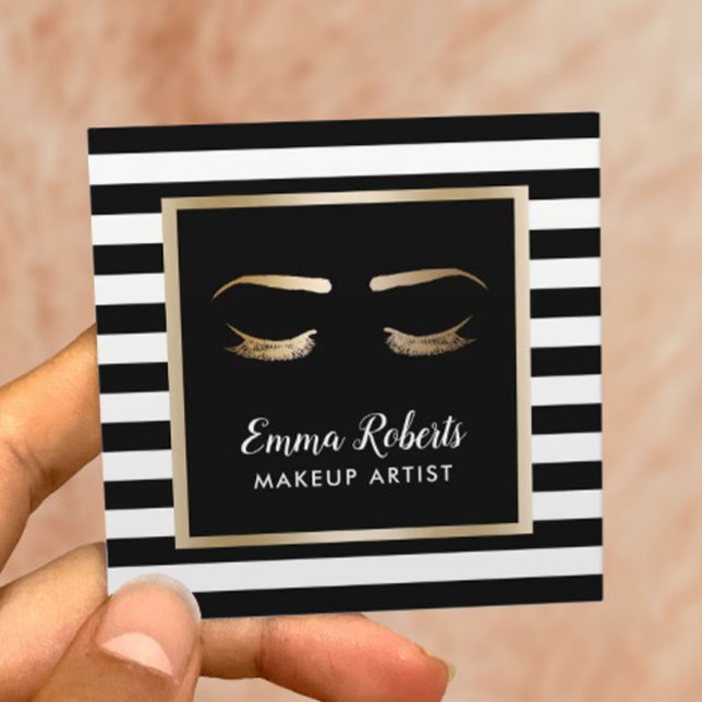 Lashes & Brows Makeup Artist Modern Black Stripes Square Business Card (Creator Uploaded)