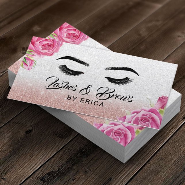 Lashes & Brows Makeup Artist Silver Glitter Floral Business Card (Creator Uploaded)