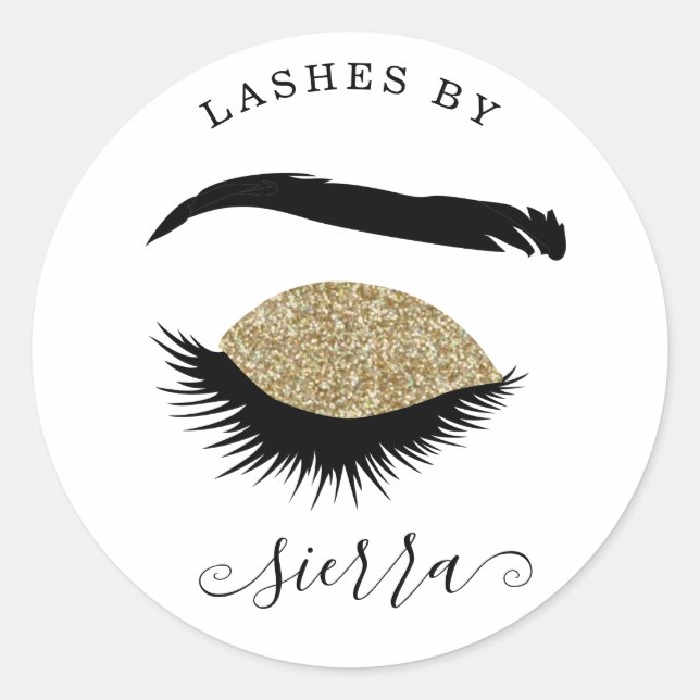 Lashes By Gold Glitter Classic Round Sticker (Front)