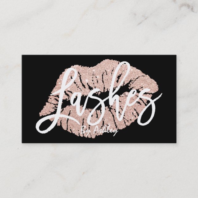 Lashes chic faux rose gold glitter lips typography business card (Front)