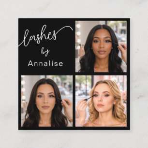 Lashes Elegant Black White Script 3 Photo Makeup Square Business Card