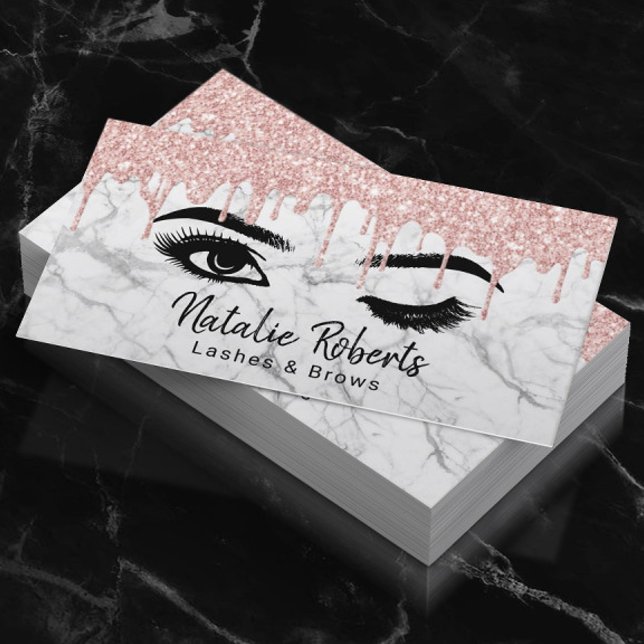 Lashes Eyelash Makeup Artist Rose Gold Drip Marble Business Card (Creator Uploaded)
