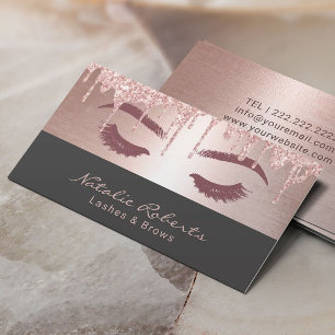 Lashes Eyelash Makeup Artist Rose Gold Drips Grey Business Card