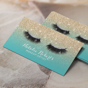 Lashes Eyelash Makeup Artist Teal & Gold Glitter Business Card