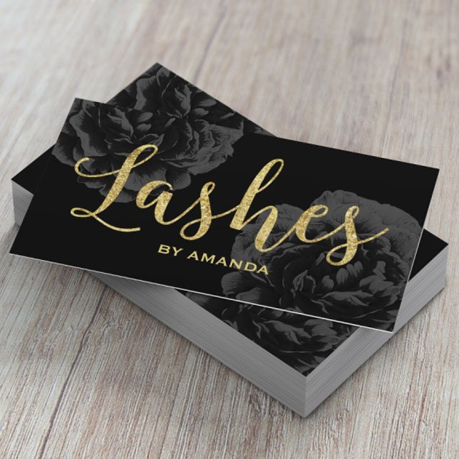Lashes Gold Script Elegant Black Floral Business Card (Creator Uploaded)