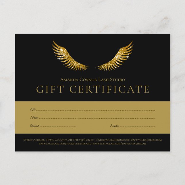 Lashes Gold Wings Black Gift Certificate Voucher Postcard (Front)