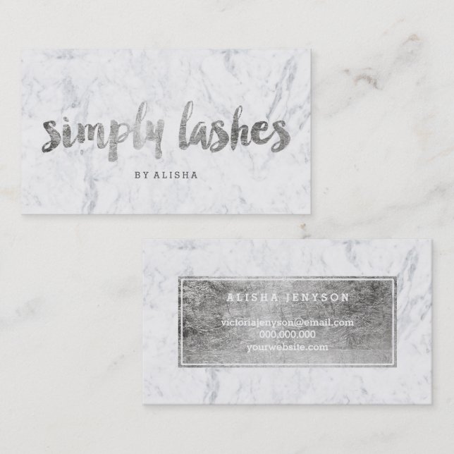 Lashes logo modern faux silver typography marble business card (Front/Back)