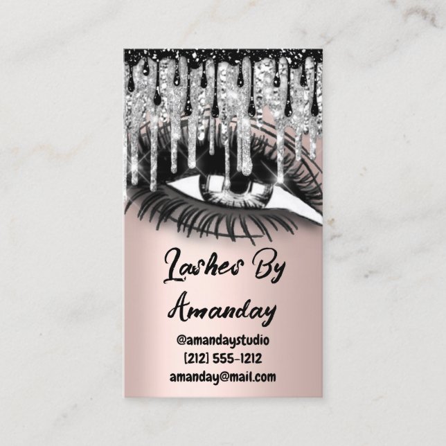Lashes Makeup Artist Drips Rose QR Code Logo Grey Business Card (Front)