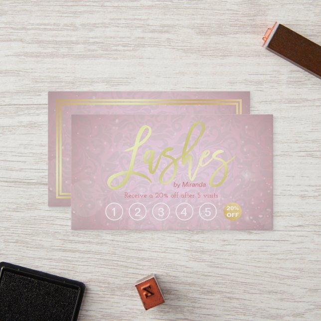 Lashes Makeup Artist Gold Script Loyalty Punch Card (Front/Back In Situ)
