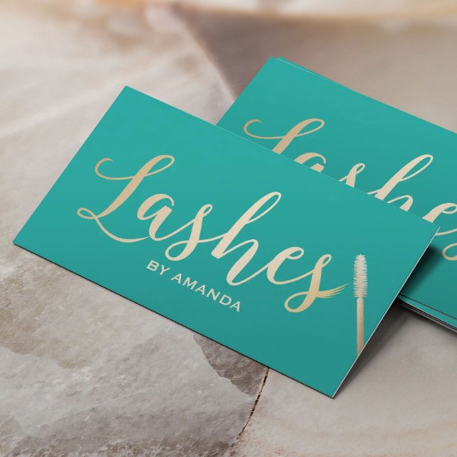 Lashes Makeup Artist Gold Script Modern Turquoise Business Card (Creator Uploaded)