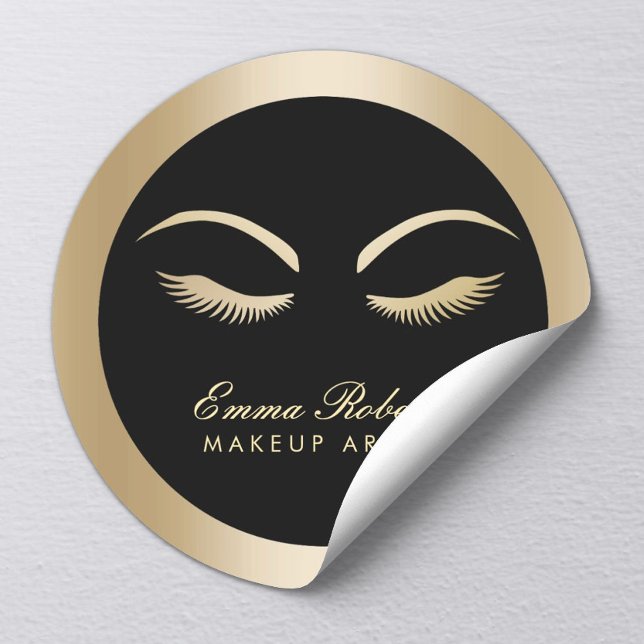 Lashes Makeup Artist Modern Black & Gold Salon Classic Round Sticker (Creator Uploaded)