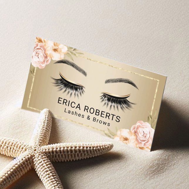 Lashes Makeup Artist Modern Floral Gold Salon Business Card (Creator Uploaded)