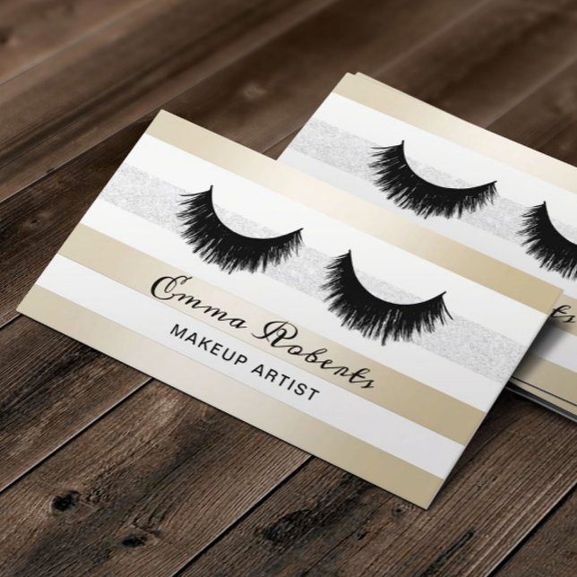 Lashes Makeup Artist Modern Gold & Silver Stripes Business Card (Creator Uploaded)