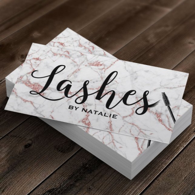 Lashes Makeup Artist Rose Gold Marble Typography Business Card (Creator Uploaded)