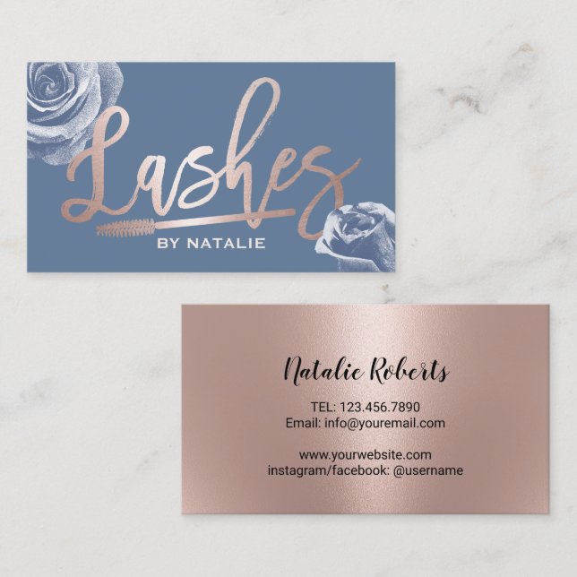 Lashes Makeup Artist Rose Gold Script Dusty Blue Business Card (Front/Back)