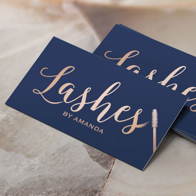 Lashes Makeup Artist Rose Gold Script Navy Blue Business Card (Creator Uploaded)