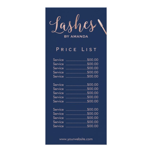 Lashes Makeup Artist Rose Gold Script Navy Price Rack Card (Front)