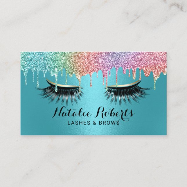 Lashes Makeup Artist Unicorn Drips Turquoise Salon Business Card (Front)