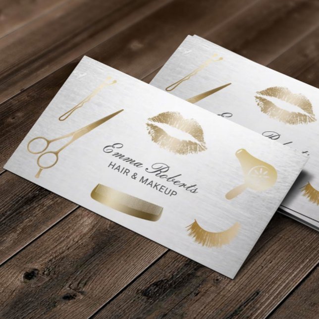 Lashes Makeup Hair Stylist Modern Gold & Silver Business Card (Creator Uploaded)
