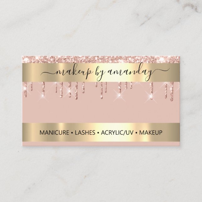 Lashes Makeup Nail Stylist Logo Glitter Rose Gold Business Card (Front)