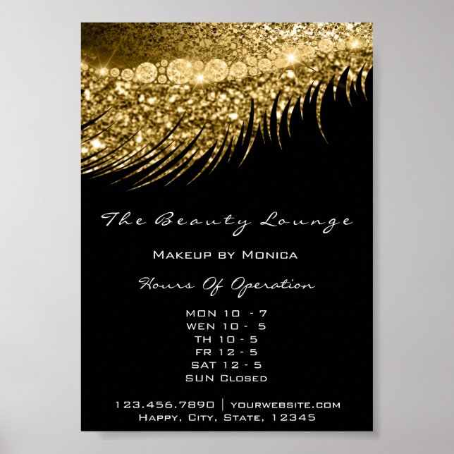 Lashes Makeup Opening Hours Gold Salon Metal Black Poster (Front)