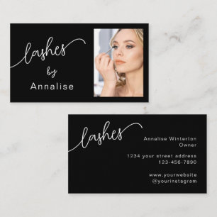 Lashes Minimal Black White Script Photo Business Card