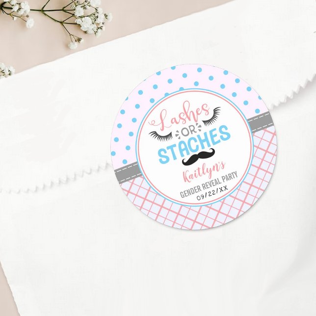 "Lashes Or Staches" Modern Gender Reveal Party Classic Round Sticker (Creator Uploaded)