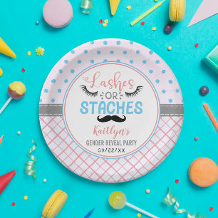 "Lashes Or Staches" Modern Gender Reveal Party Paper Plate