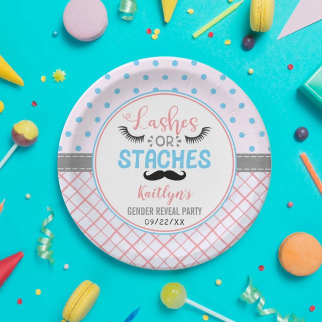 "Lashes Or Staches" Modern Gender Reveal Party Paper Plate (Creator Uploaded)