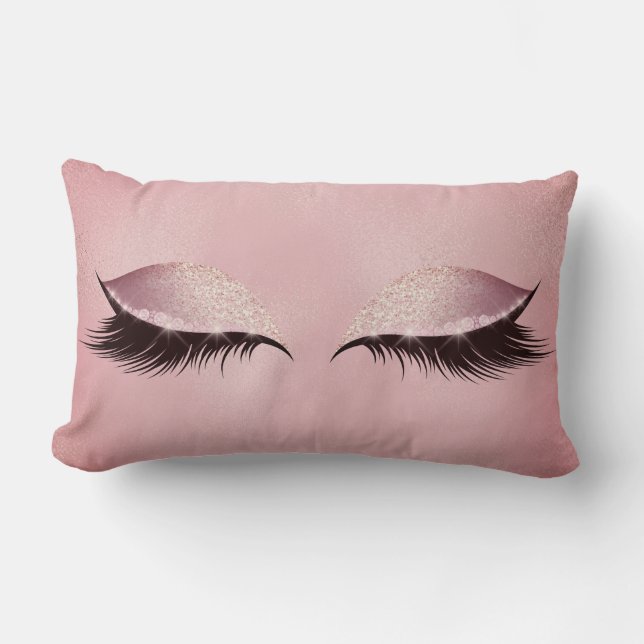 Lashes Pink Rose Blush Glass Sleep Glitter Makeup Lumbar Cushion (Front)