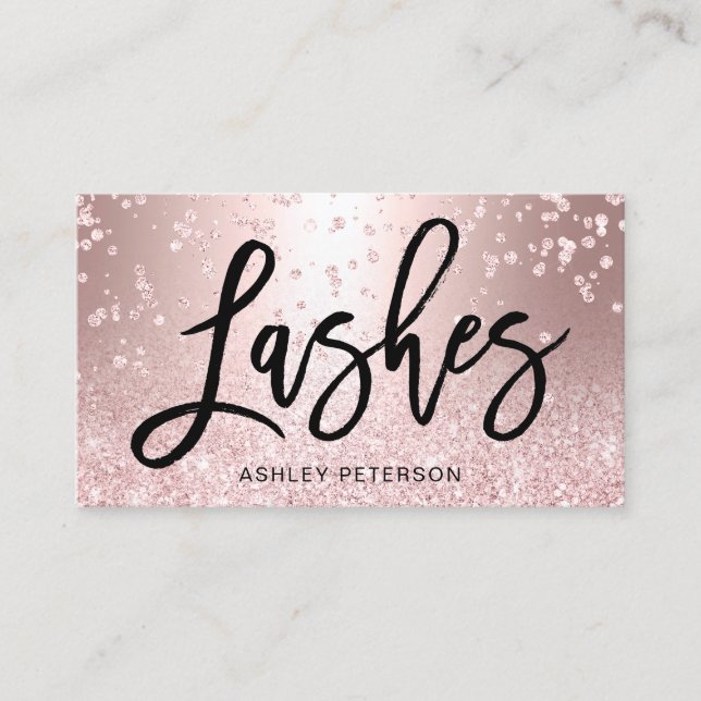 Lashes rose gold glitter metallic sparkle confetti business card (Front)