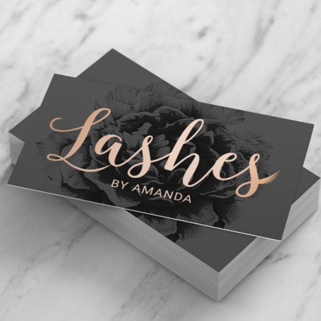 Lashes Rose Gold Typography Elegant Black Floral Business Card (Creator Uploaded)