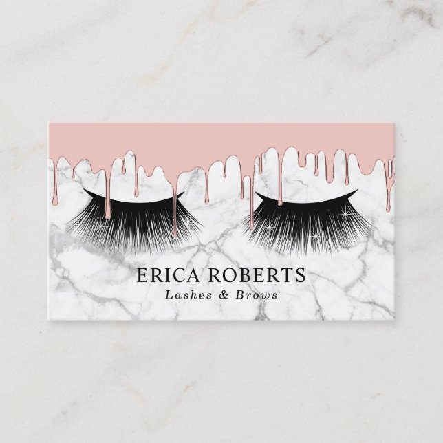 Lashes Salon Rose Gold Drips Modern White Marble Business Card (Front)
