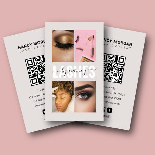 Lashes Script Photo Collage Qr Code Beige  Business Card