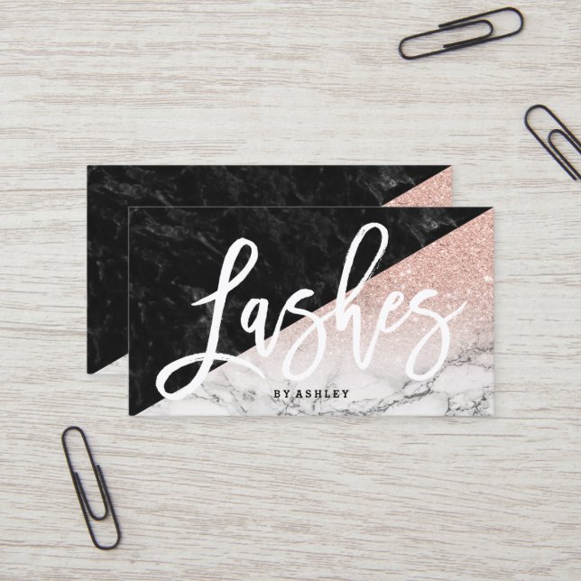Lashes typography rose gold glitter block marble business card (Front/Back In Situ)