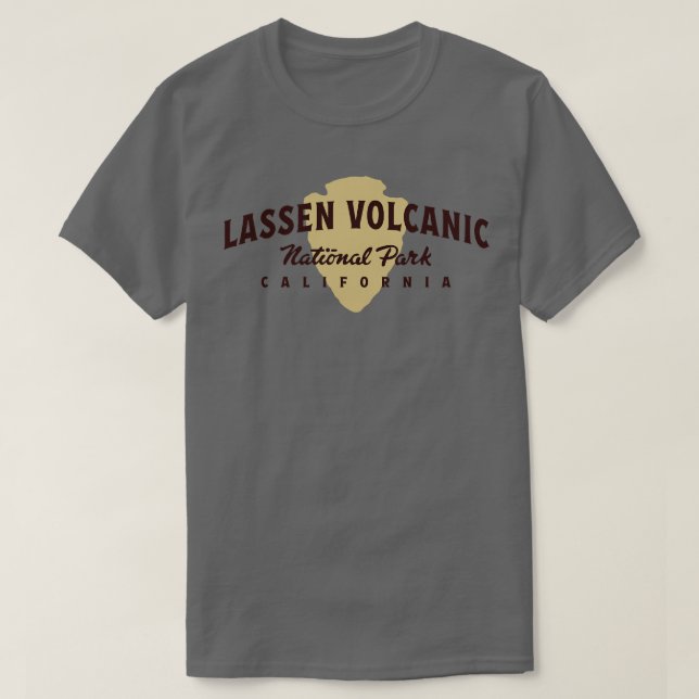 Lassen Volcanic National Park Arched Text Brown T-Shirt (Design Front)
