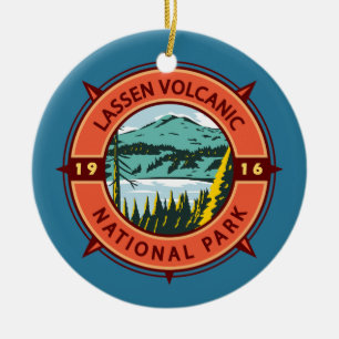Lassen Volcanic National Park Retro Compass Emblem Ceramic Tree Decoration