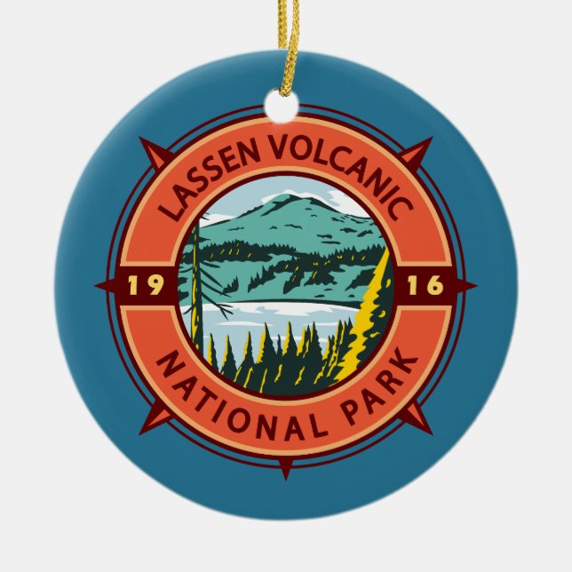 Lassen Volcanic National Park Retro Compass Emblem Ceramic Tree Decoration (Front)