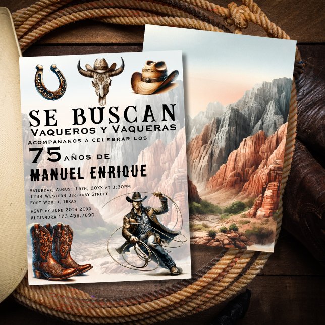 Lasso Vaquero Spanish Western Cowboy 75th Birthday Invitation (Creator Uploaded)